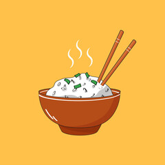 Hot steamed rice in brown bowl with chopsticks isolated on yellow background. Vector cartoon illustration for menu, icons
