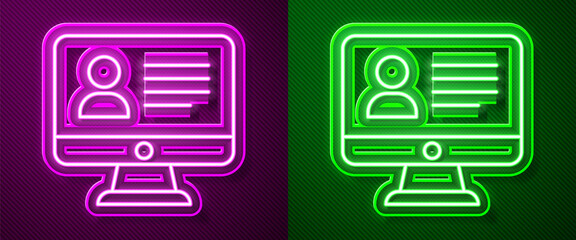 Glowing neon line Online class icon isolated on purple and green background. Online education concept. Vector