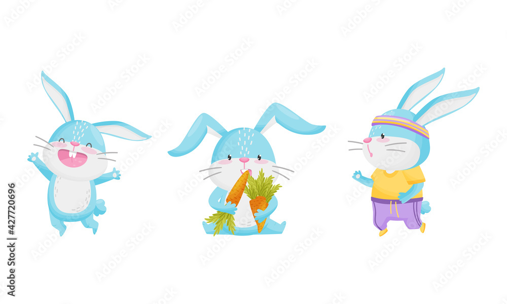Poster cute rabbit with long ears jumping with joy, running and eating carrot vector set