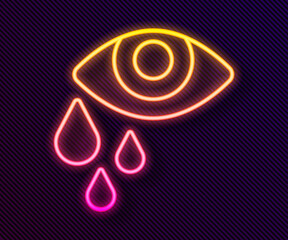 Glowing neon line Tear cry eye icon isolated on black background. Vector