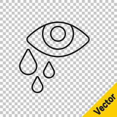 Black line Tear cry eye icon isolated on transparent background. Vector