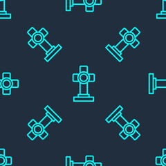 Green line Grave with cross icon isolated seamless pattern on blue background. Vector