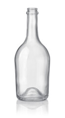 Front view of empty transparent glass liquor bottle