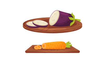 Ripe and Juicy Sliced Eggplant and Carrot Rested on Cutting Board Vector Set