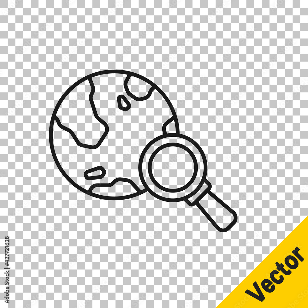 Poster black line magnifying glass with globe icon isolated on transparent background. analyzing the world.