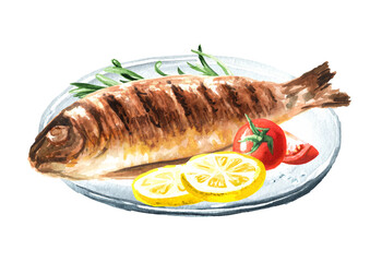 Grilled fish trout with cherry tomatoes and lemon. Watercolor hand drawn illustration, isolated on white background