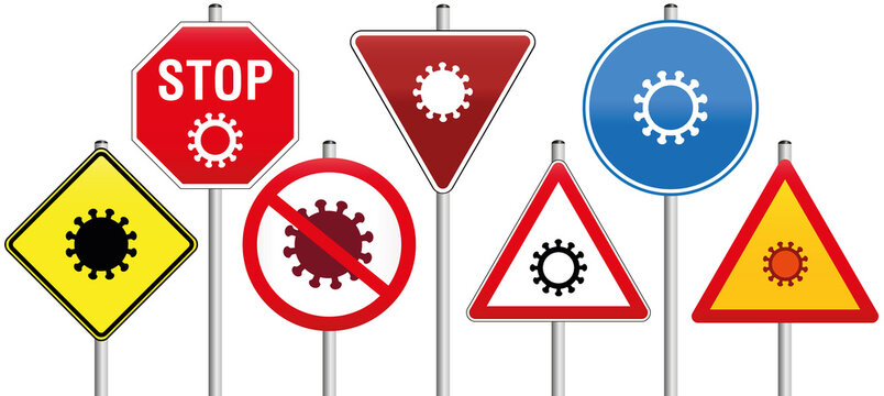 Corona traffic signs with Coronavirus symbols. Isolated vector illustration on white background.
