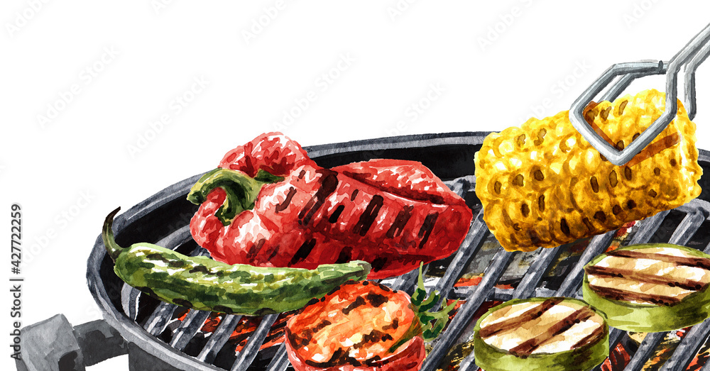 Wall mural grilled vegetables on barbecue grill . watercolor hand drawn illustration, isolated on white backgro