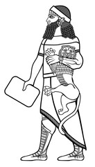 The Babylonian. The image is in the style of Babylonian relief. A Sumerian ruler with a cat and a clay tablet.
