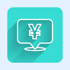 Obraz premium White line Chinese Yuan currency symbol icon isolated with long shadow. Coin money. Banking currency sign. Cash symbol. Green square button. Vector