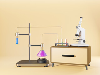3D image Scientific equipment, Laboratory equipment, Collection of test tubes and flasks with colorful liquid - 3D render