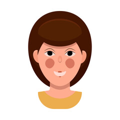 Portrait of a young girl in full face. Bright blush, thick hair, short haircut, wide smile. Vector flat illustration isolated on a white background.