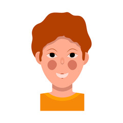 Portrait of a young girl in full face. Bright blush, red hair, short haircut, wide smile. Vector flat illustration isolated on a white background.