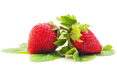 Ripe strawberries with leaves.