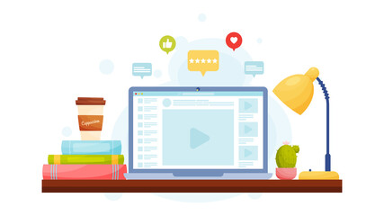 Online education, video tutorials. Flat design, vector illustration.