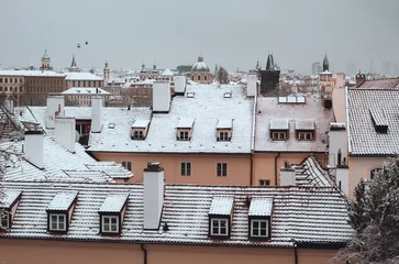 view of a snow covered rooftops of old prague after unexpected spring snowstorm with some birds flying in the background © Ondrej Hlavin