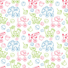 Children's pattern. Different cute toys on a white background.