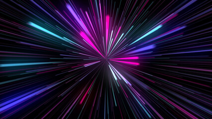 Abstract tunnel from digital neon lights on dark background. Futuristic sparkling lines of purple green and pink colors. Technology and cyber glow concept with copy space