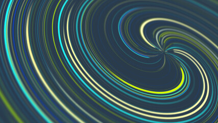 Abstract twisted digital bright neon lights on dark background. Futuristic sparkling lines of green blue yellow and turquoise colors. Technology and cyber glow concept with copy space