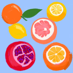 Summer fresh fruit drawing. Illustrations of citrus (orange, lemon, grapefruit) and a pomegranate. 