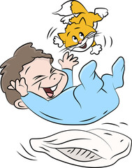 Baby boy playing with his cat friend cartoon vector illustration