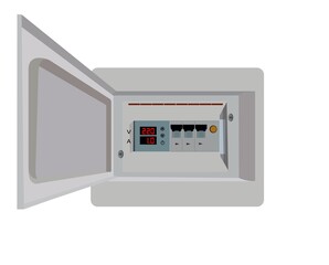 Isometric electrical panel with fuses and contactors. Voltage relay. Electrical fuse. Vector illustration.