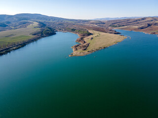 Fototapeta premium Aerial view of Dyakovo Reservoir, Bulgaria