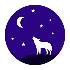 The Wolf Is Howling At The Moon. The Nightscape In A Circle. Paper Cut Style. Vector Illustration