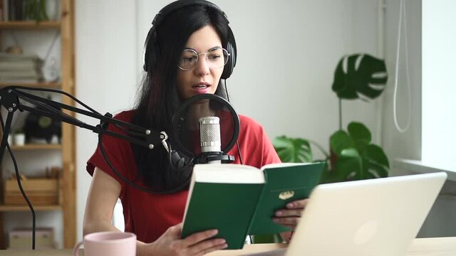 Podcast audio Woman read book and record voice at home.Spbd Female quote classic literature while talking