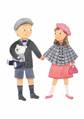 boy and girl in retro cloth holding hands
