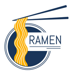 Ramen emblem, noodles logo, japanese food icon, isolated on white, cuisine restaurant, design, cartoon style vector illustration.