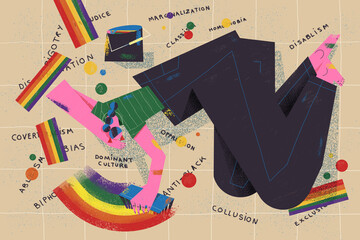 Young adult woman erase and paint over racism, prejudice and homophobia words or terms on the floor with inclusive rainbow colors. Activism and inclusion concept illustration. - 427730876