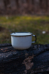 Take an enamel glass for tea or cocktails with you and on the road. For layout, nature background. 