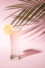 Detox water with lemon and a slice of lemon in a glass next to a palm tree on a pastel pink background. Minimal aesthetic.