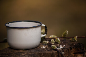 Enamel cup of coffee or tea, on a wooden board in a summer forest outdoors. Place for your text. 