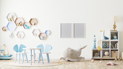 poster frame mock up in children's playroom interior with toys, kids furniture, table with chairs, shelves, scandinavian style, 3d rendering