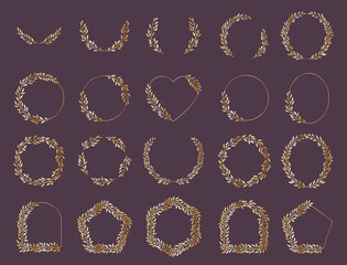 Set of 20 laurel gold wreaths. Leaves and branches in the semicircular form. Wreaths for depicting an award, heraldic, achievement, victory. Hand drawn vector illustration for design.