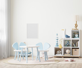 blank poster frame in Bright children's room with kids table and shelves near window, kids furniture, 3d rendering