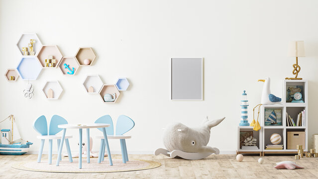 poster frame mock up in children's playroom interior with toys, kids furniture, table with chairs, shelves, scandinavian style, 3d rendering © Oleksandr
