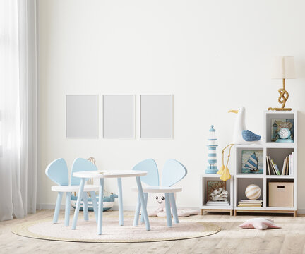 blank poster frame in Bright children's room with kids table and shelves near window, kids furniture, 3d rendering
