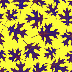 Maple leaves seamless pattern. Purple on yellow background.
