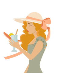 Vector illustration. Summer mood. Girl in a hat with a bow and wears a nice green dress. The woman is holding a cocktail in her hand. Ribbons are waving in  the wind. 