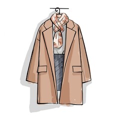 Beige coat with a scarf on a hanger. Illustration on white background.