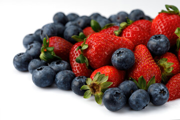 Strawberries with blueberries isolated on a white background. Close up.