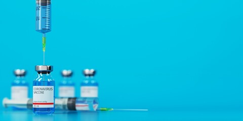 Ampoule glass with coronavirus vaccine. Ampoule and syringe with a needle on a blue background. Coronavirus vaccine with syringe on a blue background. 3D concept. 3D illustration