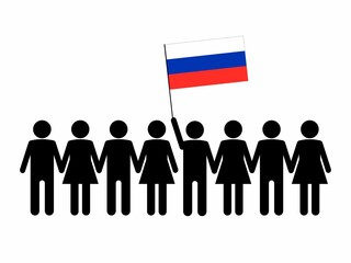 Obraz na płótnie Canvas Sketch of a crowd and a leader with the flag of Russian Federation. Protests concept. Vector illustration.