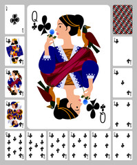 Playing cards of Clubs suit and back in funny flat style