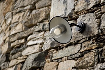 Old street light lamp on stone wall background. 