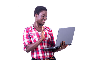 beautiful young woman having video call on laptop.