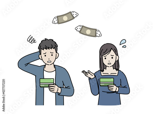 通帳を見て困る 若い男女 大学生 金欠 支払い 貯金 イラスト素材 Wall Mural Senryu